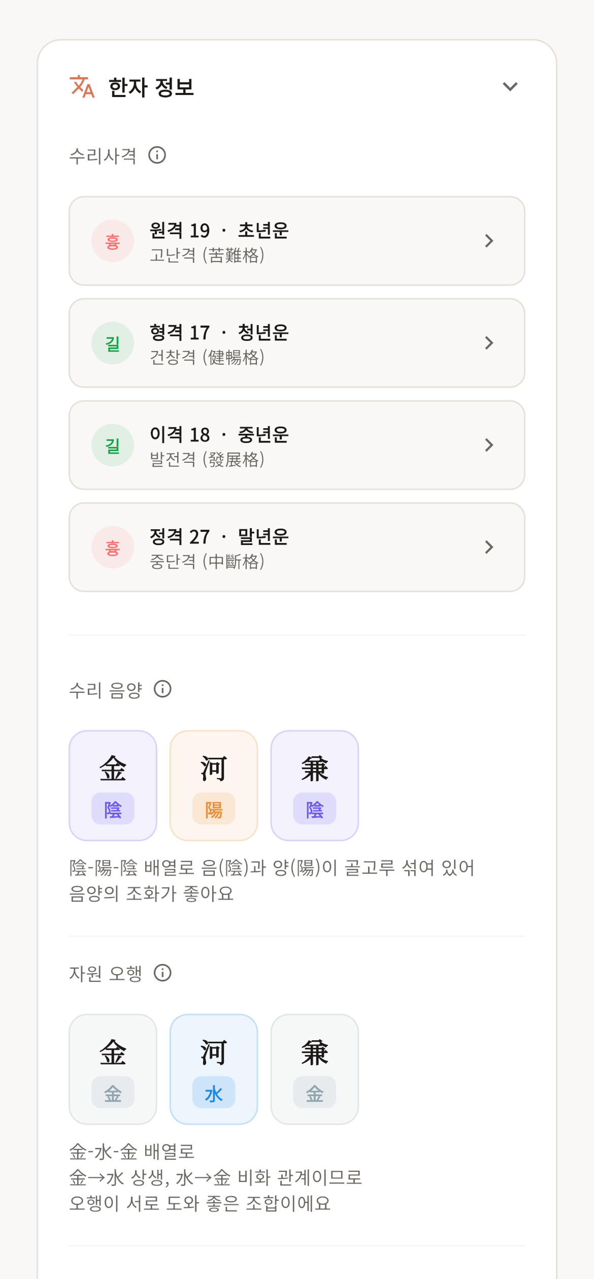 한자 정보 - 수리사격, 수리음양, 자원오행